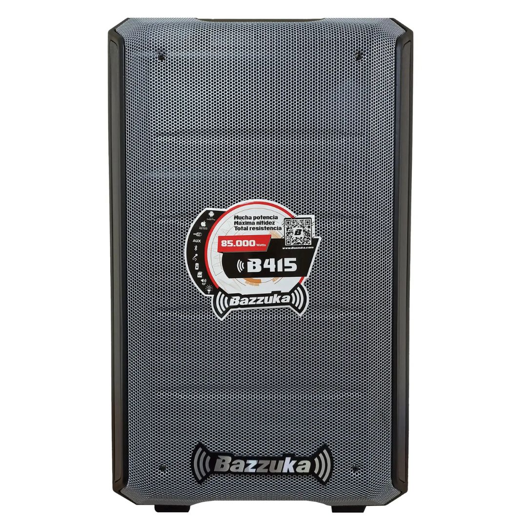 PARLANTE BAZZUKA ACTIVO B-415 0080 AMPLIFICADO 85.000W 15PULG USBFMLUZ LED NEGRO+MICROFONO (1)